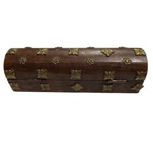 Small Wooden Handmade Domed Chest Trunk Shaped Hinged Box Ornate Brass Detail